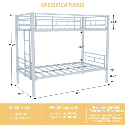 Bellemave Twin Over Twin Metal Bunk Bed for Kids Boys Girls,Metal Structure Bedframe with Ladders & Guardrail,Convertible 2 Beds,Silver