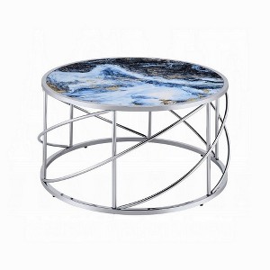 Royal Hampton Round Coffee Table, 33 Inch, Open Chrome Base, Blue Faux Marble - 1 of 1