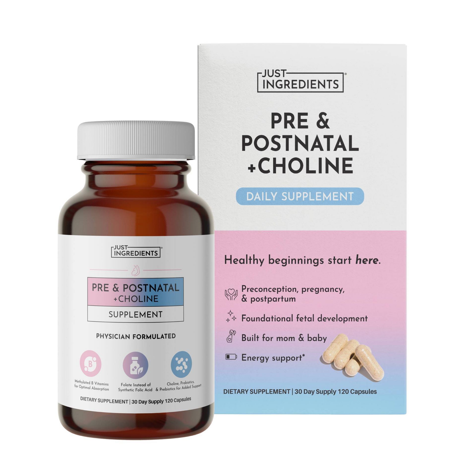 Just Ingredients Prenatal Capsules - 120ct - 30 servings: Dietary Supplement, Vitamin A 1300 per Serving, Unflavored