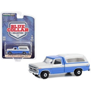 1975 Ford F-100 Ranger XLT Pickup Truck with Camper Shell Wind Blue and Wimbledon White 1/64 Diecast Model Car by Greenlight - 1 of 3