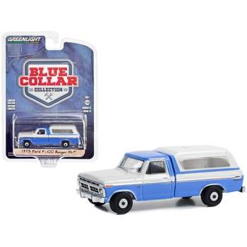 1975 Ford F-100 Ranger XLT Pickup Truck with Camper Shell Wind Blue and Wimbledon White 1/64 Diecast Model Car by Greenlight
