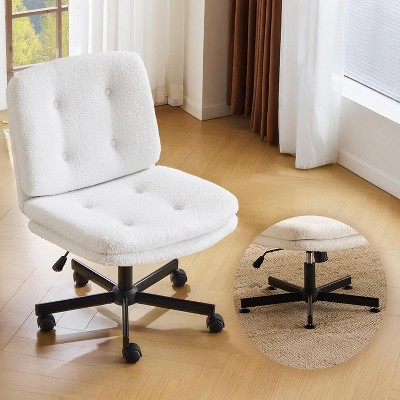 VINGLI Swivel Armless Criss Cross Vanity Chair with Wheels/no Wheels,Rocking Cross-Legged Office Desk Chair,  Teddy Fleece