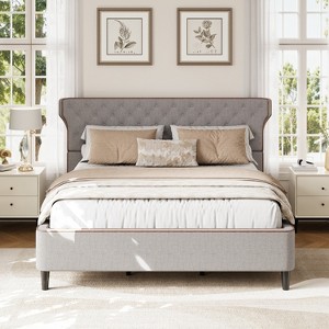 Queen/King Size Upholstered Platform Bed Frame with Curved Back Headboard, Button Tufted Design & Piping, Modern Classic - ModernLuxe - 1 of 4