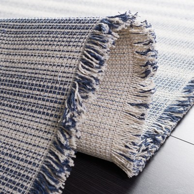Ivory and Navy Striped Square Flat Woven Rug