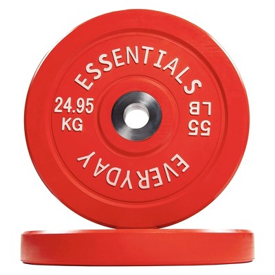 BalanceFrom Everyday Essentials 55 Pound Color Coded Rubber Olympic Barbell Dumbbell Exercise Weight Bumper Plate w/ Steel Hub Ring, Set of 2, Red