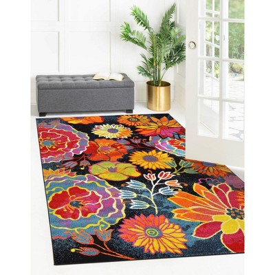 Black Floral Synthetic Rectangular Indoor Area Rug