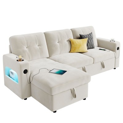 Garvee Sleeper Sofa Couch，Convertible Pull Out Sofa Bed with Storage, Charging, Led Lights, L-Shaped Sectional Sofa for Living Room