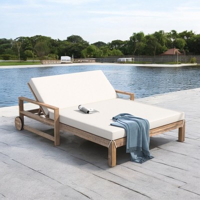 Mshliw Farmhouse-Style Wooden Outdoor Daybed for 2 - Adjustable Sun Lounger with Wheels for Poolside, Garden & Patio