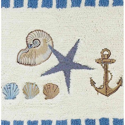 Ivory and Blue Cotton Coastal Bath Rug with Embroidered Seashells