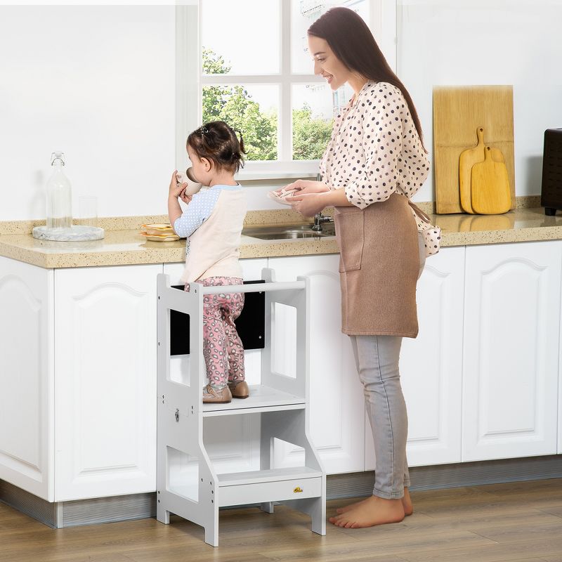 Qaba 2-in-1 Kids Kitchen Step Stool, Detachable Toddler Table and Chair Set, Toddler Step Stool with Safety Rail Chalkboard for Kitchen, Bathroom, Bedroom, 3 of 9