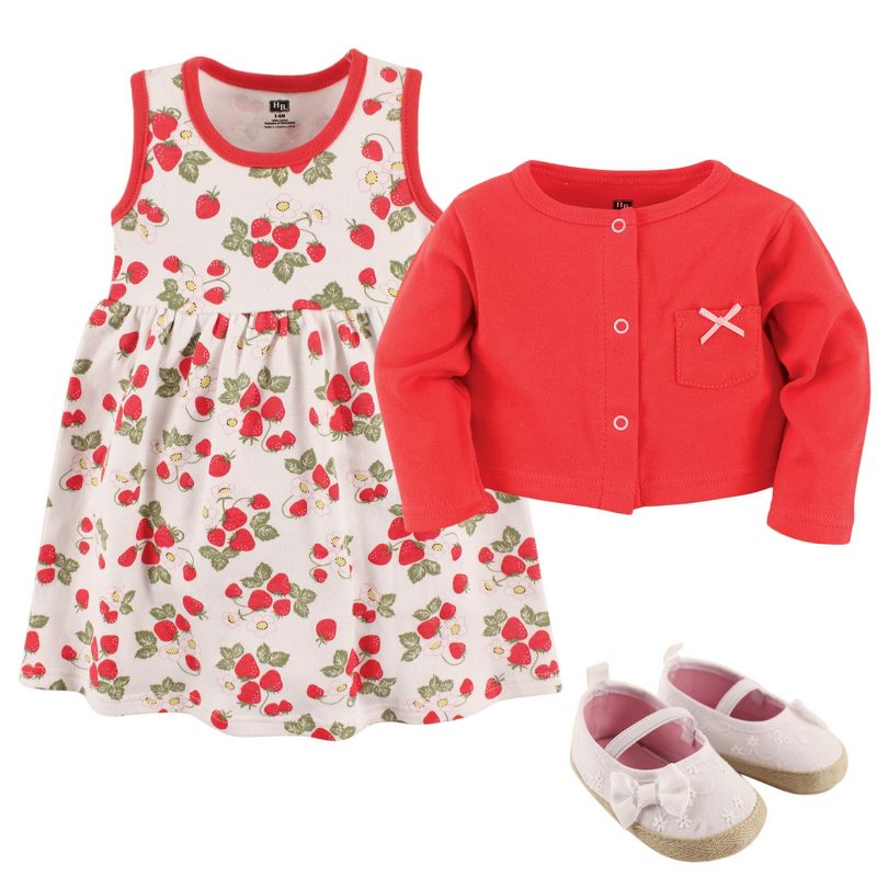 Hudson Baby Infant Girl Cotton Dress, Cardigan and Shoe 3pc Set, Strawberry, 3 of 4