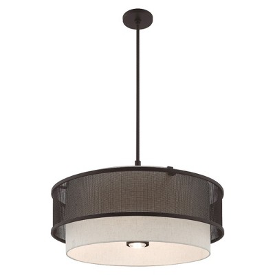 Braddock 5-Light Bronze Drum Pendant with Oatmeal Fabric Shade