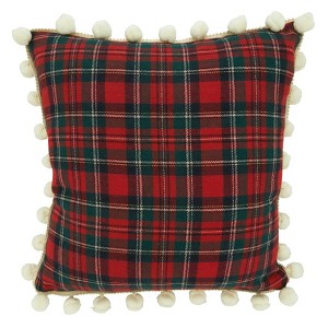 Saro Lifestyle Down-Filled Throw Pillow With Plaid Pom Pom Design - 1 of 3
