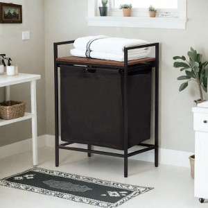 FurnitureR 19.69'' Laundry Hamper with Shelf, 1-Section Laundry Sorter with Removable Bag & Wooden Top, Wide Metal Frame Laundry Basket Brown/Black - 1 of 4