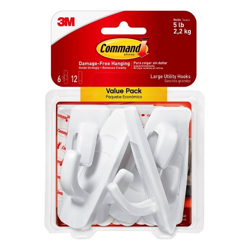 Command 6 Hooks 12 Strips Large Sized Utility Decorative Hooks Value Pack  White