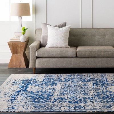 Demeter Blue and Off-White Oval Stain-Resistant Synthetic Rug