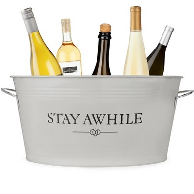 Twine Stay Awhile White Painted Galvanized Ice Bucket and Metal Tub, Wine Bottle, Beer Bottle Bucket, 6.3-Gallon Capacity