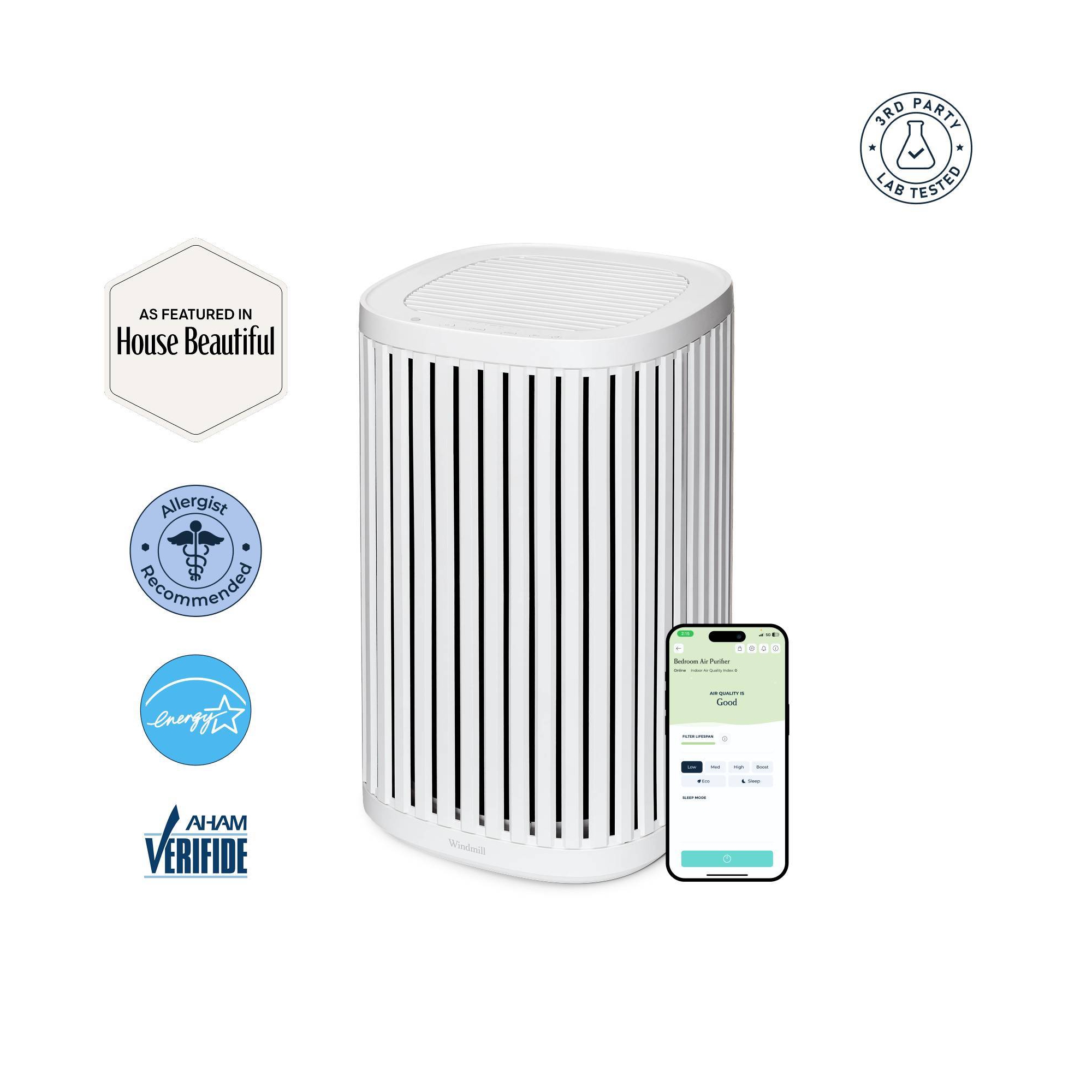 Windmill Compact Air Purifier for Home 3-in-1 Filtration Ultra-Quiet True HEPA Medical Grade Covers Up To 975 sq ft White