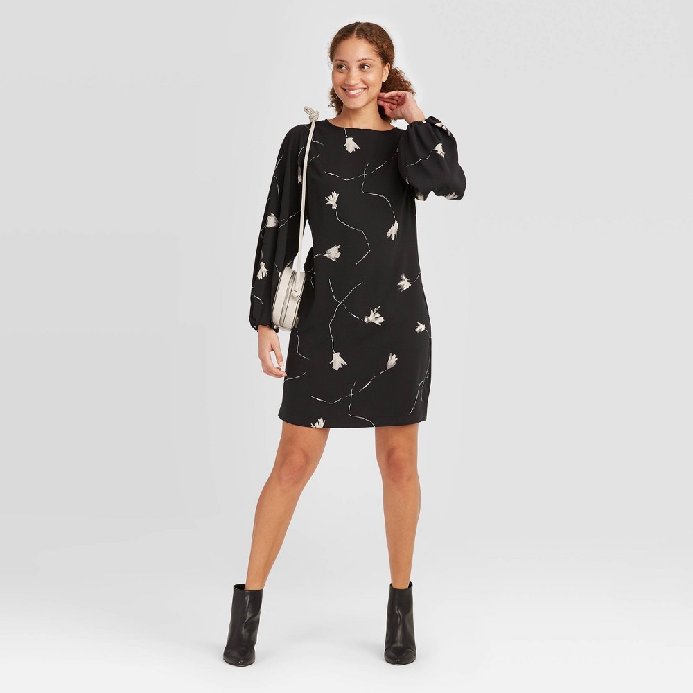 Women's Floral Print Long Sleeve Dress - A New Day Black XS was $27.99 now $19.59 (30.0% off)