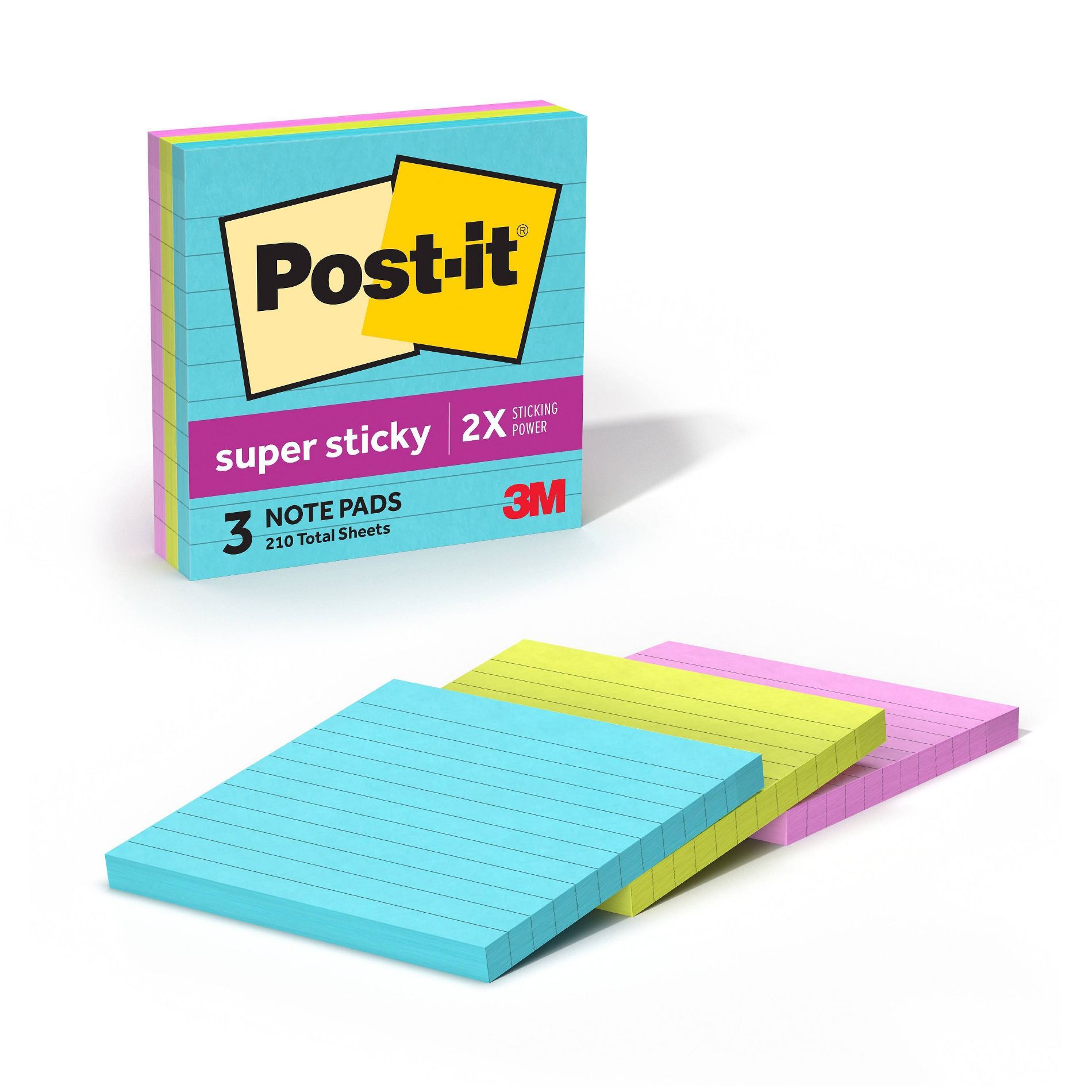 Post-it 3pk 4" x 4" Lined Super Sticky Notes 70 Sheets/Pad - Miami Collection: Multicolor Paper Basics, College Rule