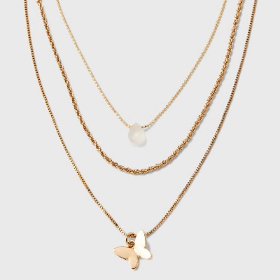 Ball and Snake Chain with Butterfly Charm Multi-Strand Necklace Set 3pc - Universal Thread™ Gold: Recycled Brass Jewelry