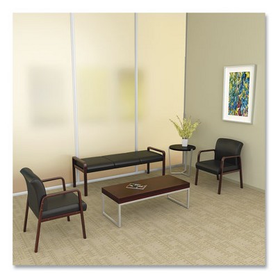 Elegant Mahogany Wood Guest Chair with Fixed Black Leather Arms