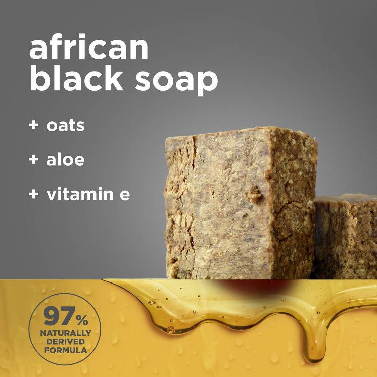African Black Soap with oats, aloe, and vitamin E. The image features a close-up of the soap's rough texture, set against a gray background. The bottom highlights "97% naturally derived formula" with a honey-like drip effect. 