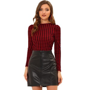 Allegra K Women's Round Neck Long Puff Sleeves Knit Plaid Top - 1 of 4