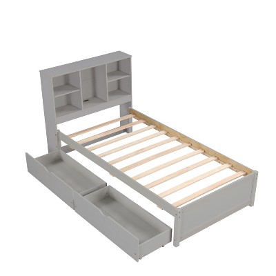 VYNXARIA Twin Size Modern Bed Frame: Bookshelf Headboard, Built - in USB, 2 Drawers, Gray Finish