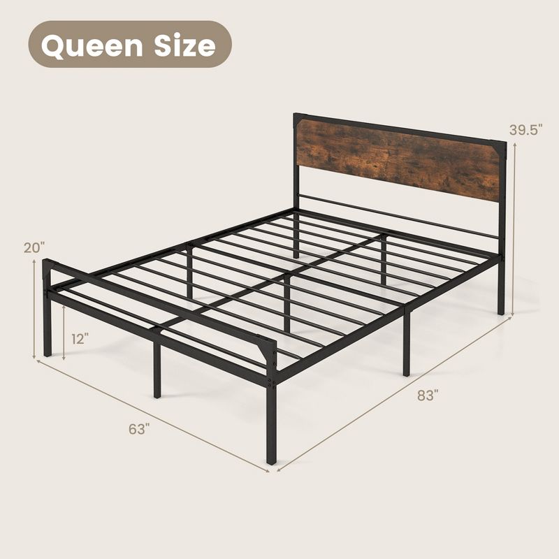 Costway Platform Full/Queen Bed with Rustic Headboard & Footboard Strong Metal Slat Support, 3 of 11