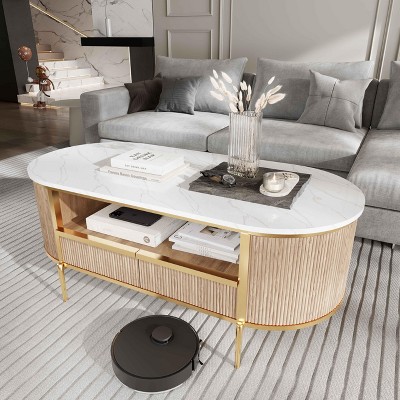 OKD 48" Modern Coffee Table with Sliding Drawer & Faux Marble Top