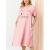 Agnes Orinda Women's Plus Size Soft Knit Cute Cat Print Short Sleeve Split Hem Pockets Midi Sleep Shirts Nightgowns - 2 of 4
