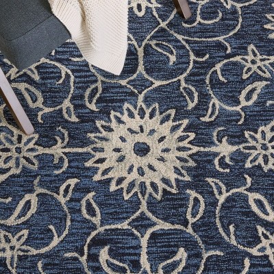 Navy and Ivory Floral Wool Hand-Tufted Runner Rug, 2'3" x 9'