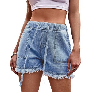 Womens Ripped Cuff Denim Shorts Summer Casual Shorts with Drawstring Elastic Wasit Lightweight Denim Shorts with Pockets - 1 of 4