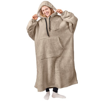 Tex Basics Hooded Blanket – Oversized Wearable Fleece Hoodie, Grey With Dog Print, Unisex One Size