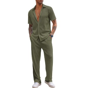 COOFANDY Men's 2 Piece Outfit Casual Short Sleeve Button Down Shirt Beach Summer Loose Pant Sets - 1 of 4