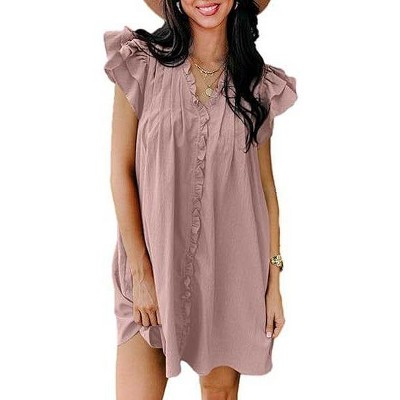 Coolmee Women Summer Mini Dress V Neck Ruffle Cap Short Sleeve Short Dress Casual Flowy Pleated A Line Sundress with Pockets M Pink