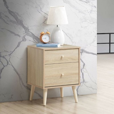 Oak Finish 2-Drawer Nightstand with Rubber Wood Legs