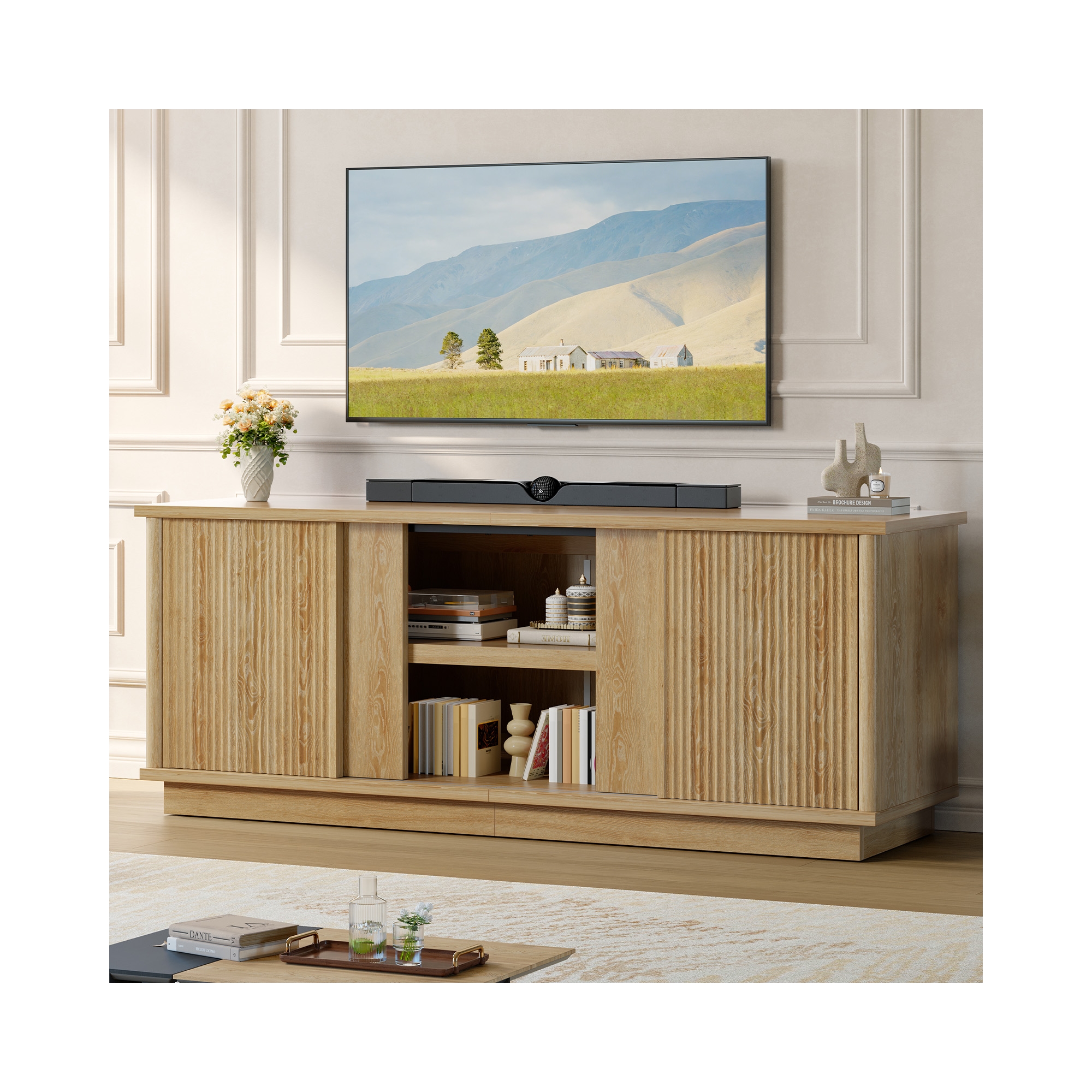 Bestier 65"TV Stand for TVs up to 70 inches, Fluted TV Cabinet with Sliding Doors,Modern Media Console for Living Room Storage Cabinet, Natual Oak