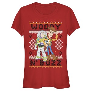 Juniors Womens Toy Story Ugly Christmas Woody & Buzz T-Shirt - 1 of 3