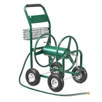 Garden Rolling Cart Heavy Duty With Steel Water Hose Holder With Basket Green