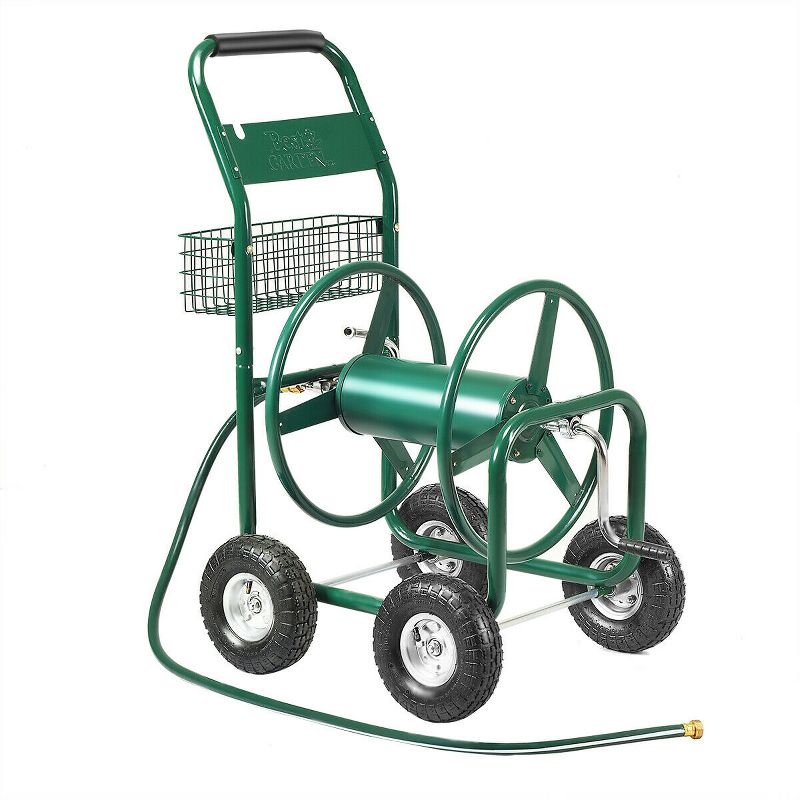 Garden Rolling Cart Heavy Duty With Steel Water Hose Holder With Basket Green, 1 of 11