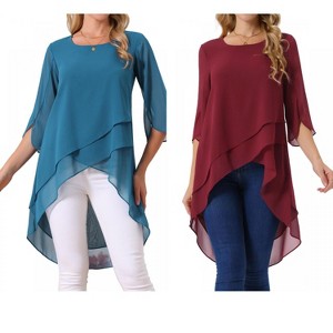 INSPIRE CHIC Women's High Low Hem Scoop Neck Asymmetrical 3/4 Sleeve Summer Top 2 Packs - 1 of 4