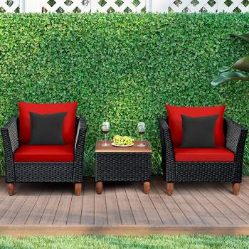 Costway 3 PCS Outdoor Patio Rattan Bistro Furniture Set Wooden Table Top Cushioned Sofa Black Brown