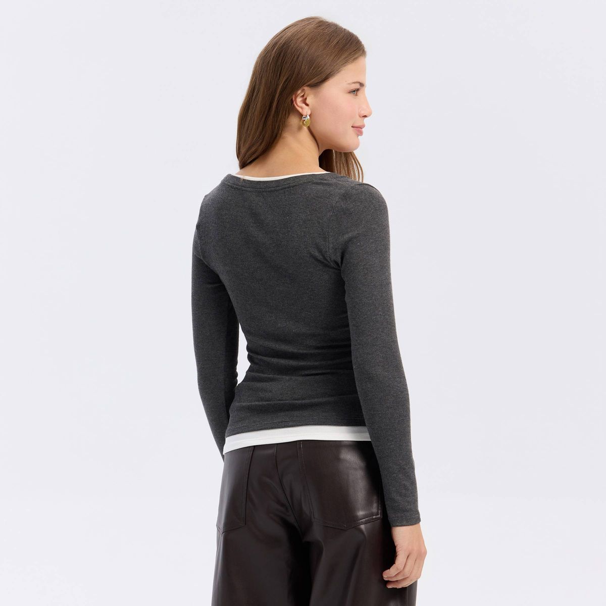 Women's Long Sleeve Contrast Ribbed Henley Top - A New Day™ - thumbnail 2