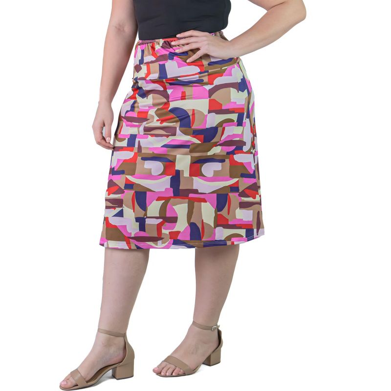 Plus Size Knee Length Abstract Print Elastic Waistband Skirt, 4 of 7