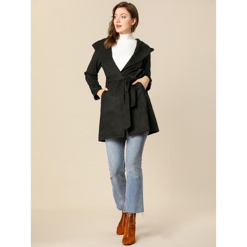 Allegra K Women's Winter Lapel Hooded Wrap Belted Long Coat with Pockets, 5 of 8