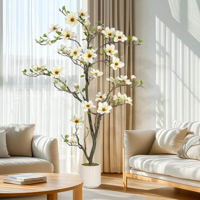 4FT Artificial Magnolia Tree with Realistic White Flowers & Lush Green Leaves