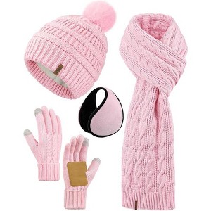 ZUPPAD 4-in-1 Women Winter Beanie Hat Scarf Touchscreen Gloves Ear Warmer Set Fleece Lined Warm Knit Skull Cap with Pom Pom - 1 of 4