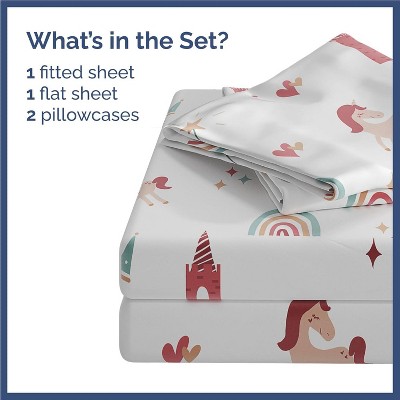 Queen White Polyester Microfiber Unicorn Print Kids Sheet Set